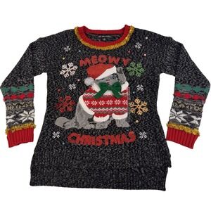 NEW United States Sweater Cat Meowy Christmas Women's Small Gray Pullover Sequin
